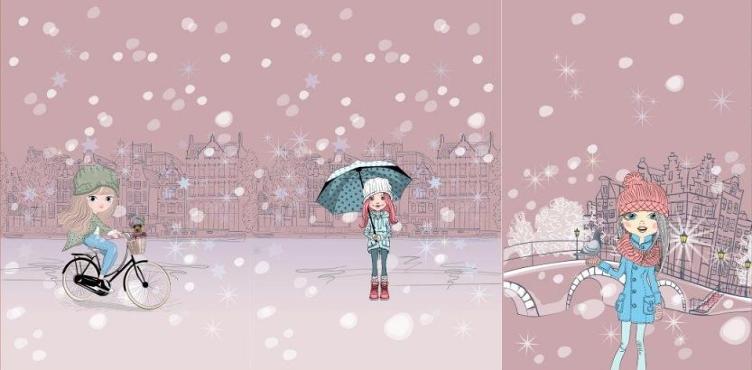 French Terry Digital Print, Bicycle Winter Girls OLD-ROSE, 75x150cm