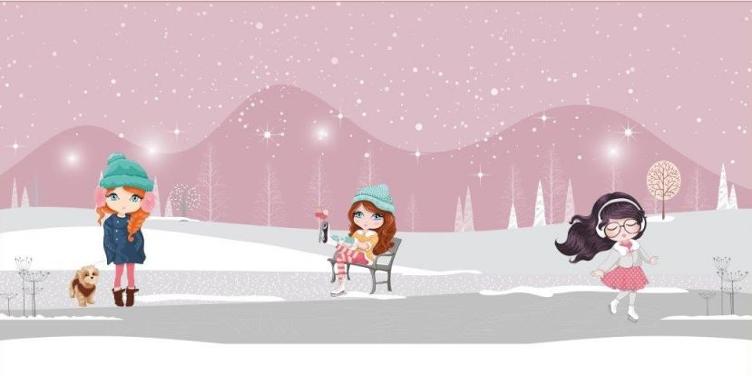 French Terry Digital Print, Winter Girls OLD-ROSE, 75x150cm