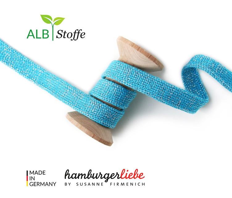 GLOW Flachkordel/Hoodiekordel, Blau-Glitzer, 2cm