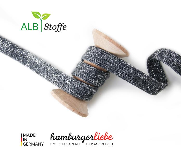 GLOW Flachkordel/Hoodiekordel, Dunkel-Grau-Glitzer, 2cm