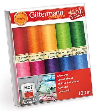 Gütermann, Allesnäher Nähfaden-Set, 100m, 10 Spulen, Kräftige Farben