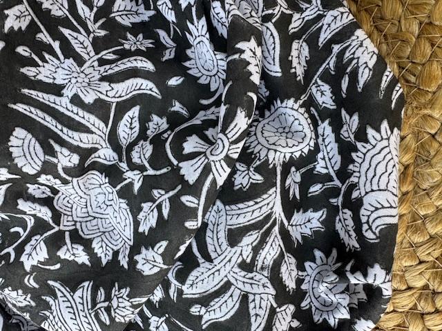 Indian Block Print Cotton, Flower Black & White