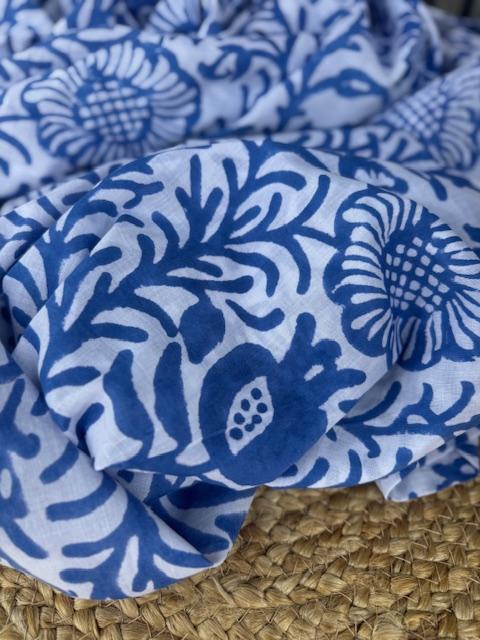 Indian Block Print Cotton, Flower Blue