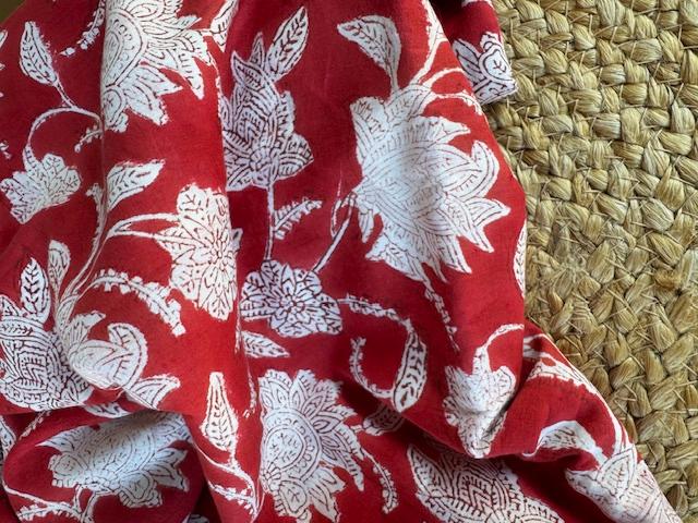 Indian Block Print Cotton, Flower Red