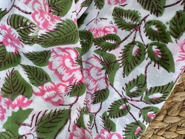 Indian Block Print Cotton, Pink Roses
