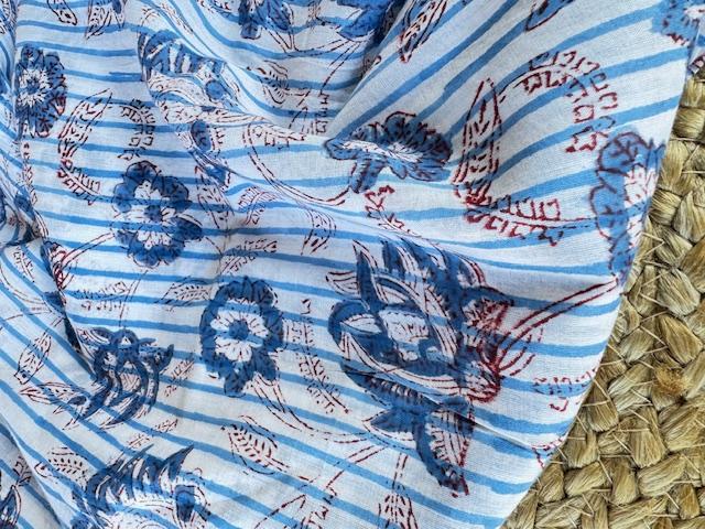 Indian Block Print Cotton, Stripe & Flower Blue/Red
