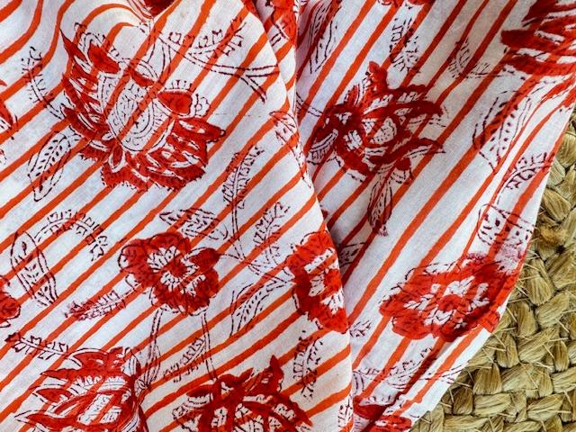 Indian Block Print Cotton, Stripe & Flower Red/Orange
