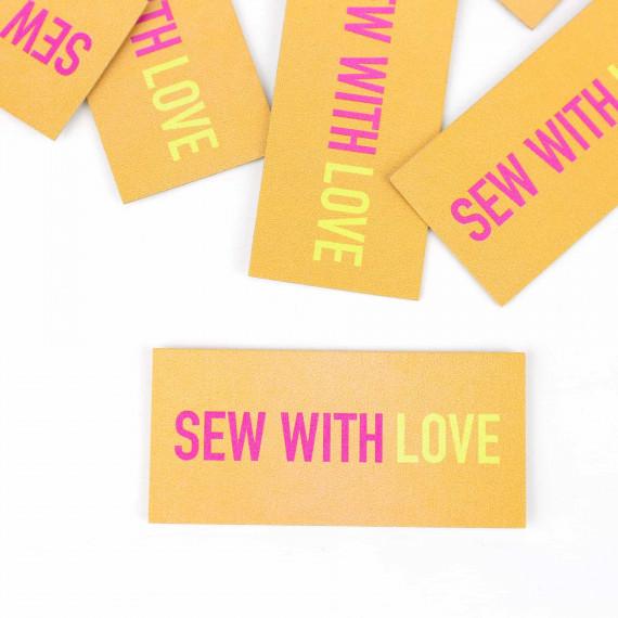 Kunstleder-Label - `SEW WITH LOVE`, Gelb/Pink