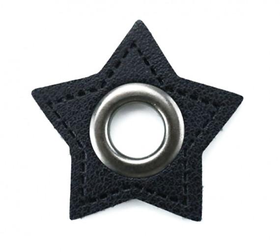 Kunstleder Öse/Patch, Stern, Schwarz/Nickel, 11mm