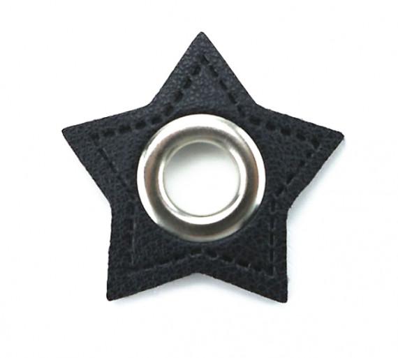 Kunstleder Öse/Patch, Stern, Schwarz/Silber, 11mm