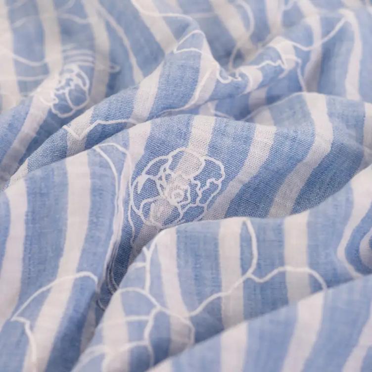 Linen Look, Stripe & Flower Print, Blue