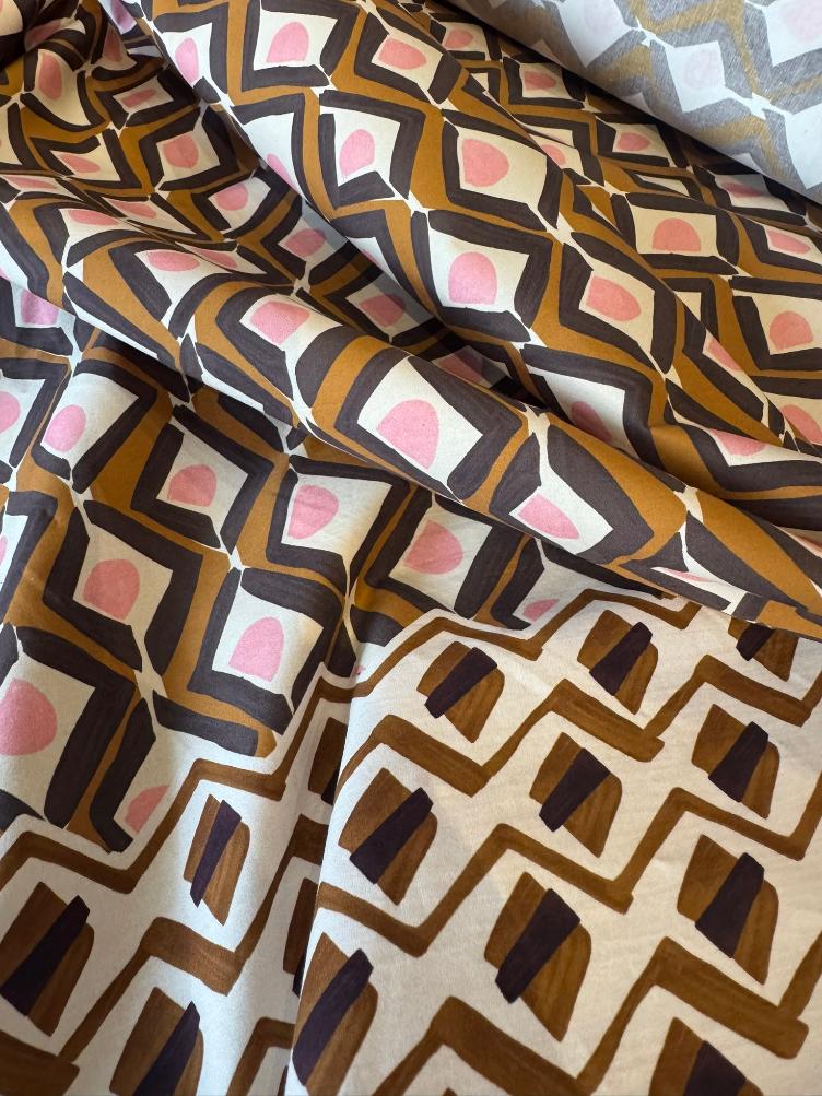 Popeline Geo, Rosa, Senf, Ecru - 0