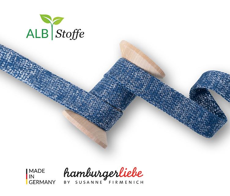 SPARKLE Flachkordel/Hoodiekordel, Jeans-Blau/Glitzer, 2cm